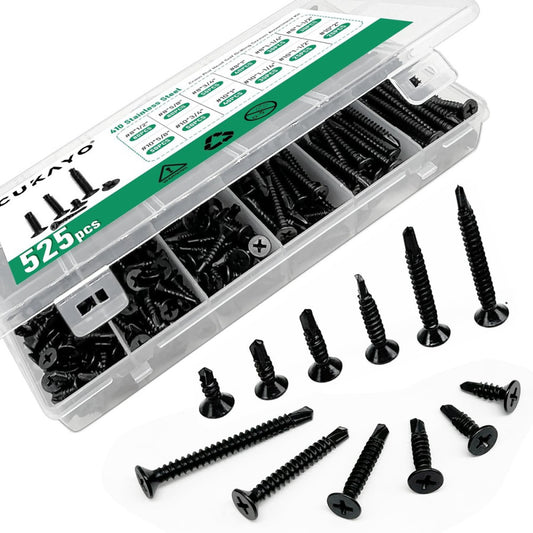 410 Stainless Steel Self Drilling Screw Assortment Kit, 525pcs #8#10Self Tapp...