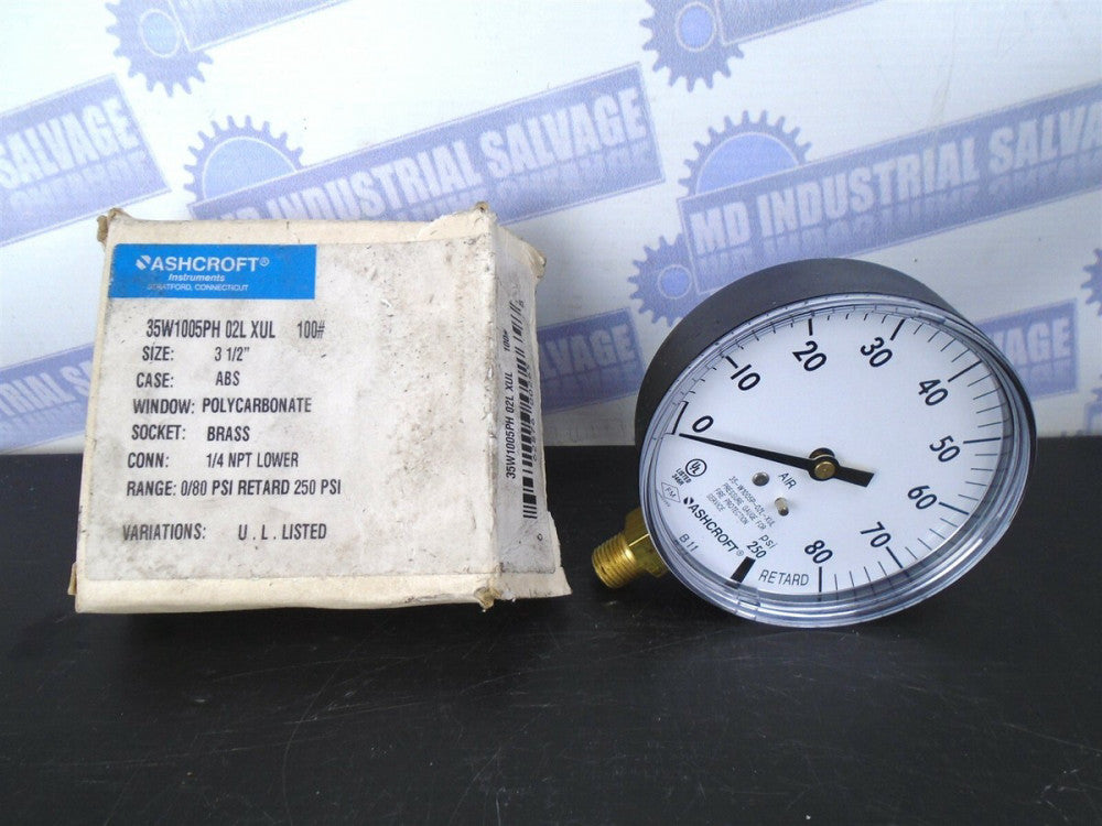 Ashcroft 35W1005PH 02L XUL 100# 3-1/2", 1/4 Lower NPT, 0/80 PSI RETARD 250 PSI