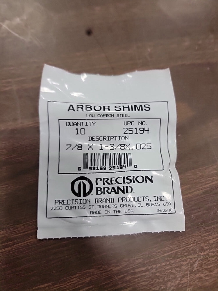 Precision Brand Arbor Shims 25194 7/8x1-3/8x.025 Low Carbon Steel, Pack Of 10