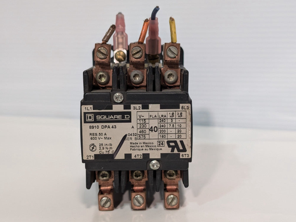 Square D 8910DPA43 Definite Purpose Contactor 50A Res, 40A, 3 Pole, Box Lug Term