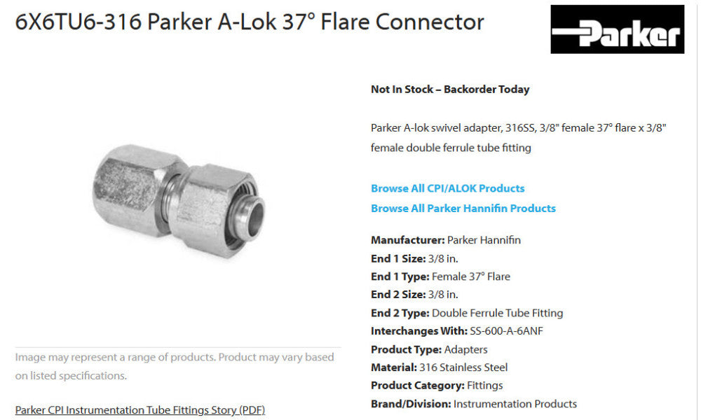 AN Adapter 3/8” Tube X 3/8” Female AN Flare 6X6TU6-316, SS-600-A-6ANF [OF56