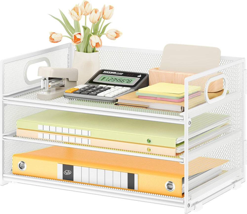 3 Tier Letter Tray Paper Organizer with Handle, 1 PC Sliding Tray, White Metal M