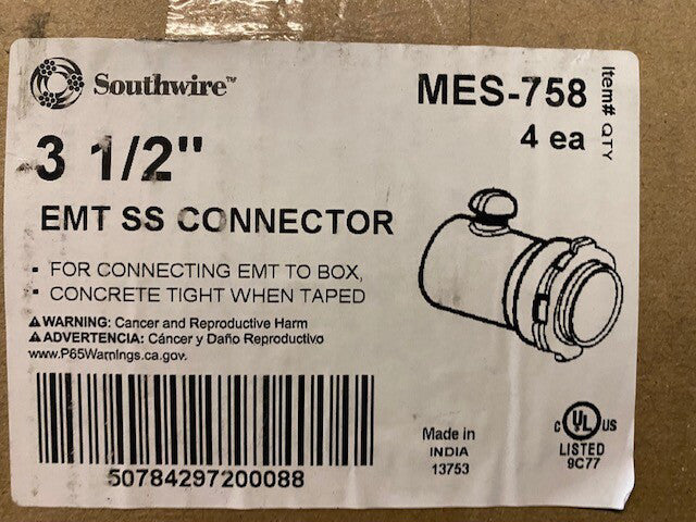(4 Pack) Southwire 3-1/2" EMT Set Screw Box Connectors, Insulated - Steel 