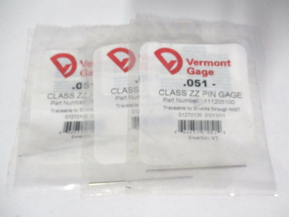 Vermont Gage (111205100) 0.051" Diam Class ZZ Minus Plug & Pin Gage - Lot of 3