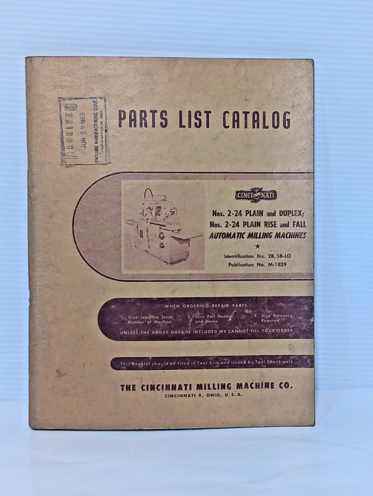 Cincinnati Milling 2-24 Plain & Duplex & 2-24 Rise & Fall Parts List Catalog