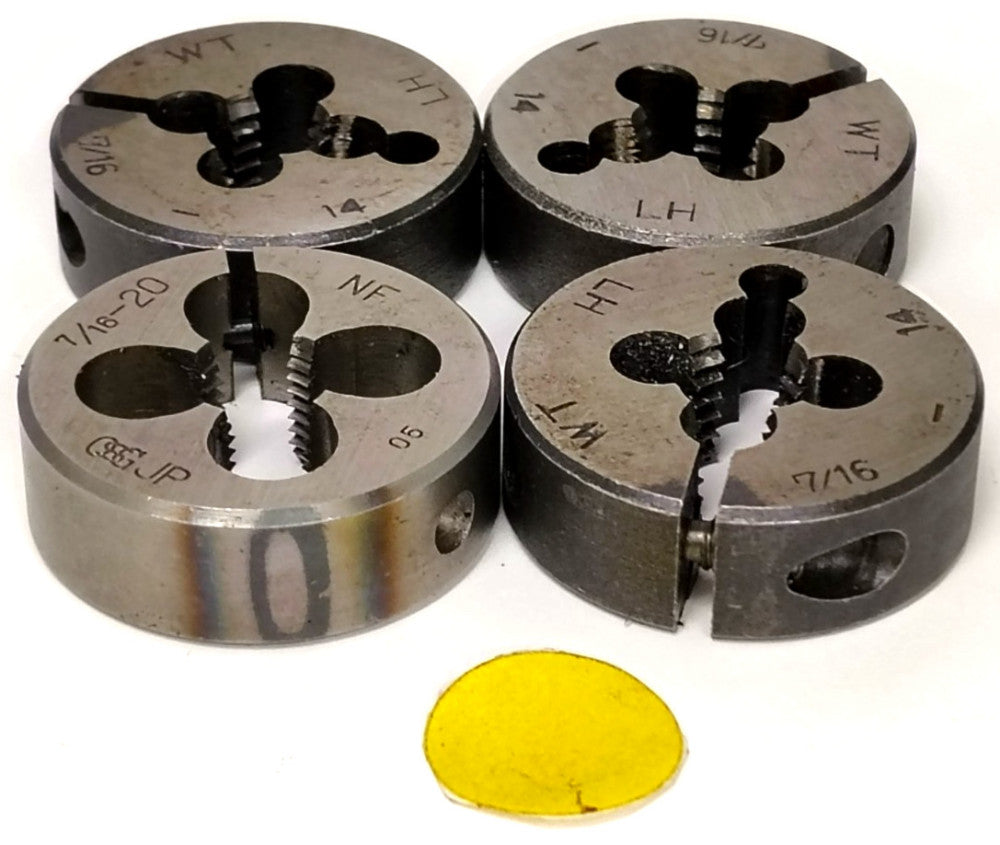 7/16" THREAD DIES (LOT OF 4) (3) WT 7/16"-14 LH (1) OSG 7/16-20 NF ROUND