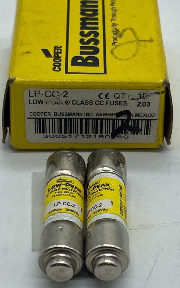 Bussmann LP-CC-2 Low-Peak Delay Fuses, 600VAC 300VDC 2Amp, Class CC Lot of 2