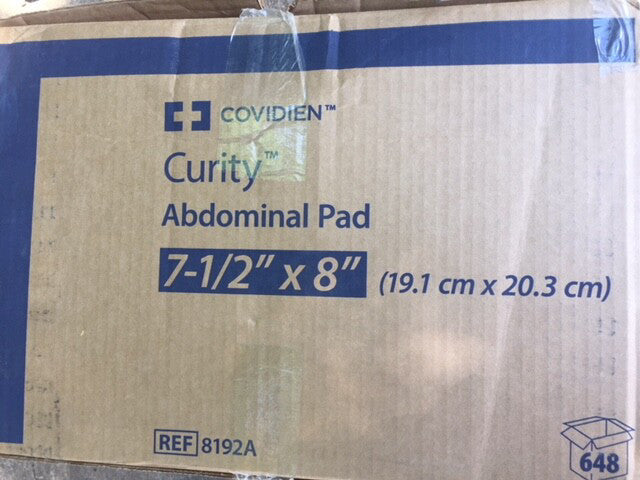 Box of 648 Covidien 8192A Tendersorb Wet-Pruf Abdominal Non Sterile Pads 7.5"X8"