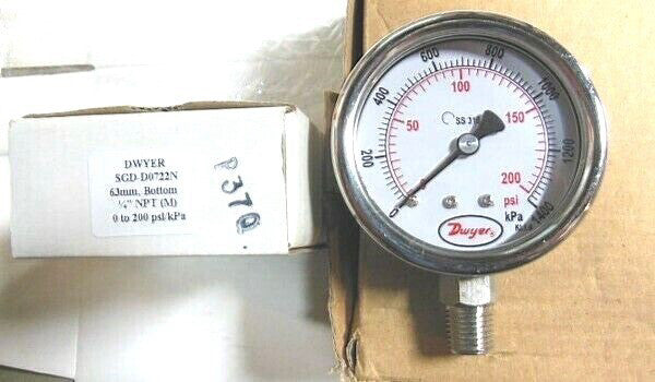 Dwyer ~ Pressure Gauge ~ SGD-D0722N ~ 0-200 PSI z ~ 1/4 NPT ~ NEW IN THE BOX