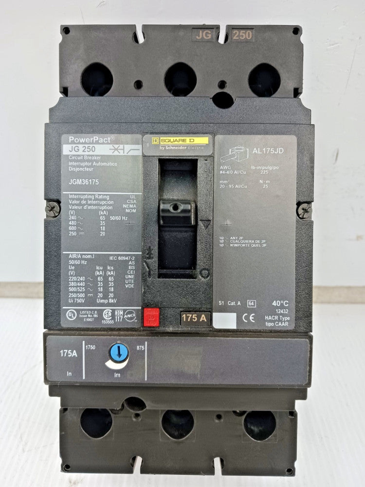 Square D PowerPact 175 Amp Circuit Breaker 3 Pole 600 VAC / 250 VDC JGM36175
