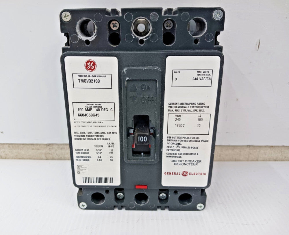 GE 100 AMP CIRCUIT BREAKER 3 POLE 240 VAC / 125 VDC TMQV32100