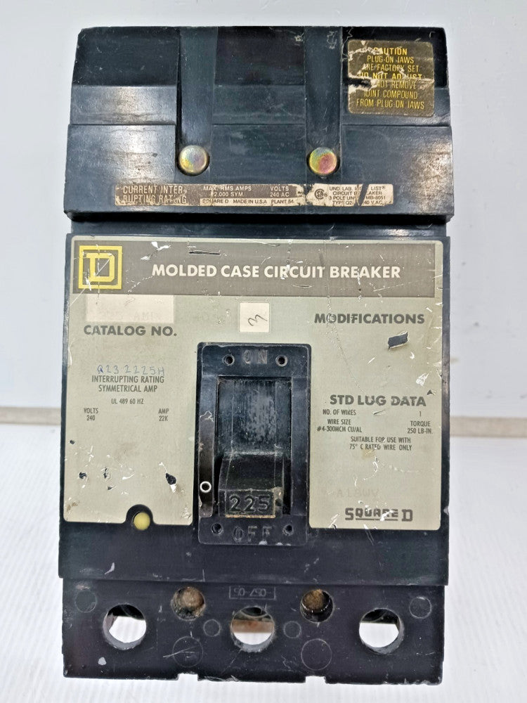 Square D 225 Amp Molded Case Circuit Breaker 3 Pole 240 VAC Q232225H