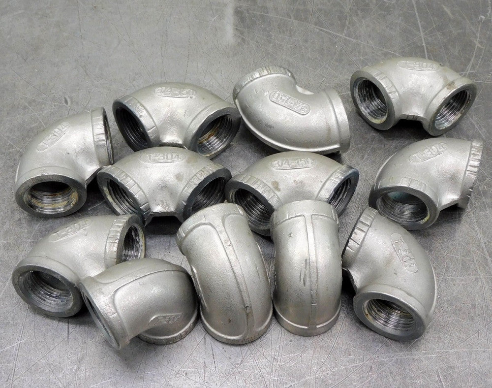 Stainless Steel 90° Elbow Fitting T-304 3/4" NPT 150 PSI Lot of Twelve (12)