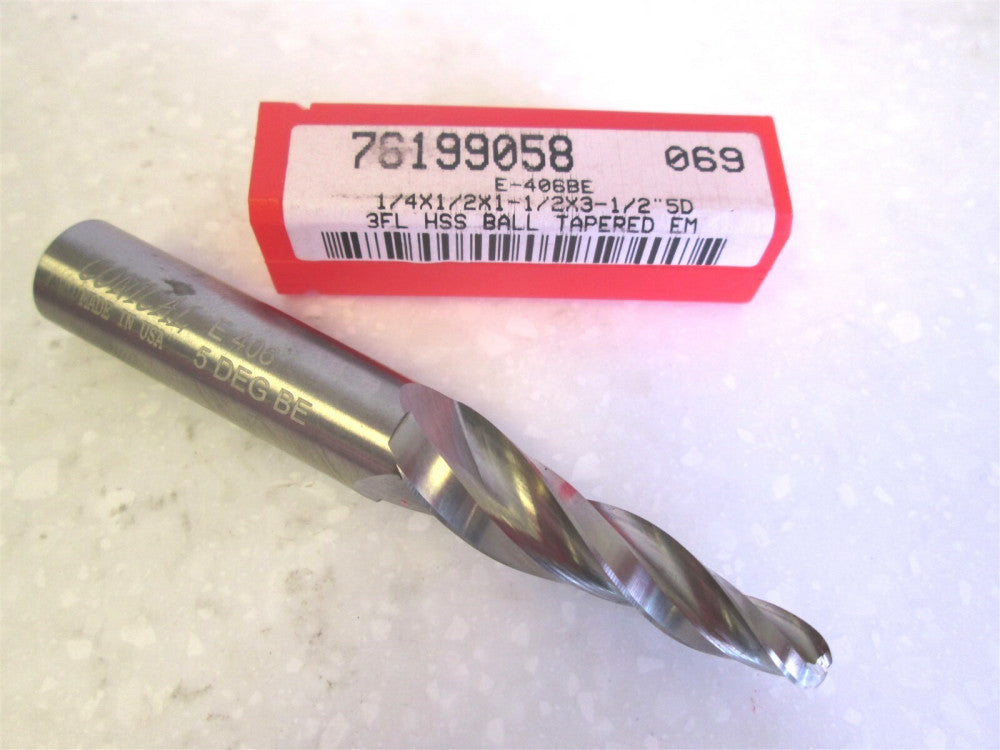 Conical (E-406BE) 1/4 x 1/2 x 1-1/2 x 3-1/2" x 5° HSS 3F Tapered Ball Endmill