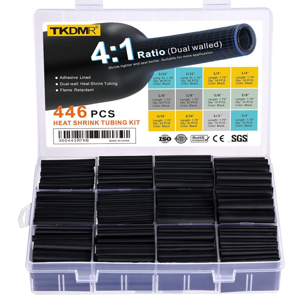 TKDMR 446 Pcs Heat Shrink Tubing Kit - 4:1 Ratio Adhesive 1.75" Length 