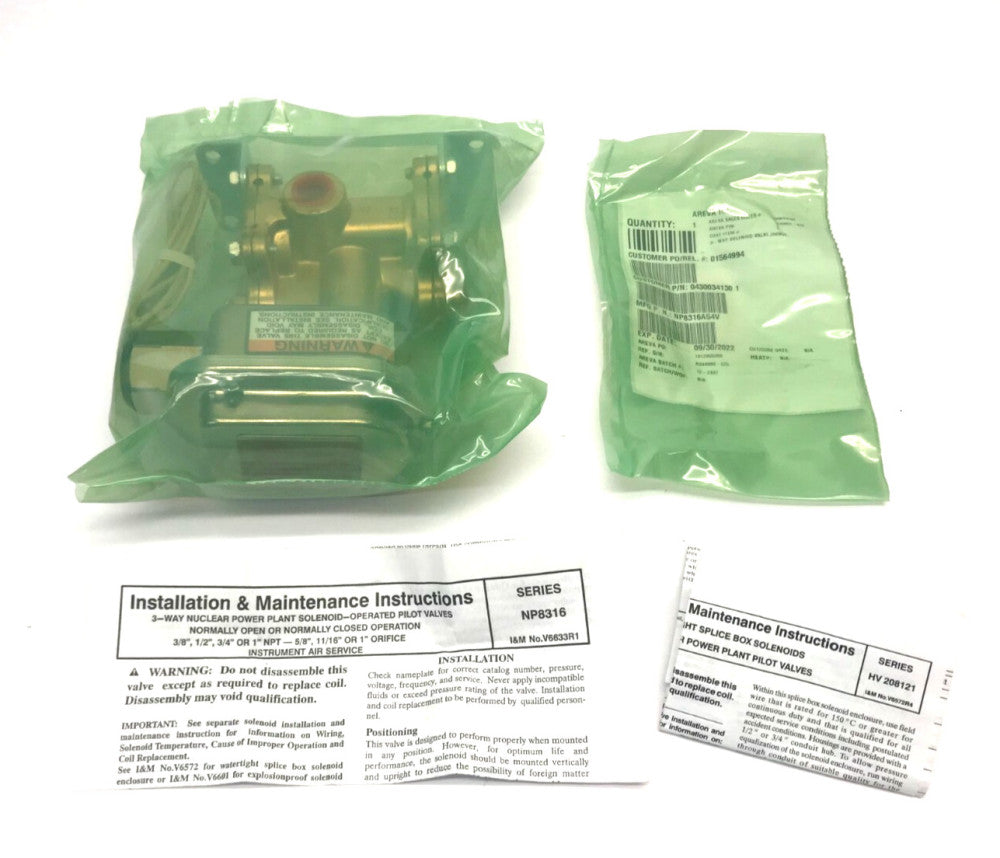 ASCO Red-Hat NP8316A54V 3-Way Solenoid Valve, 250VDC