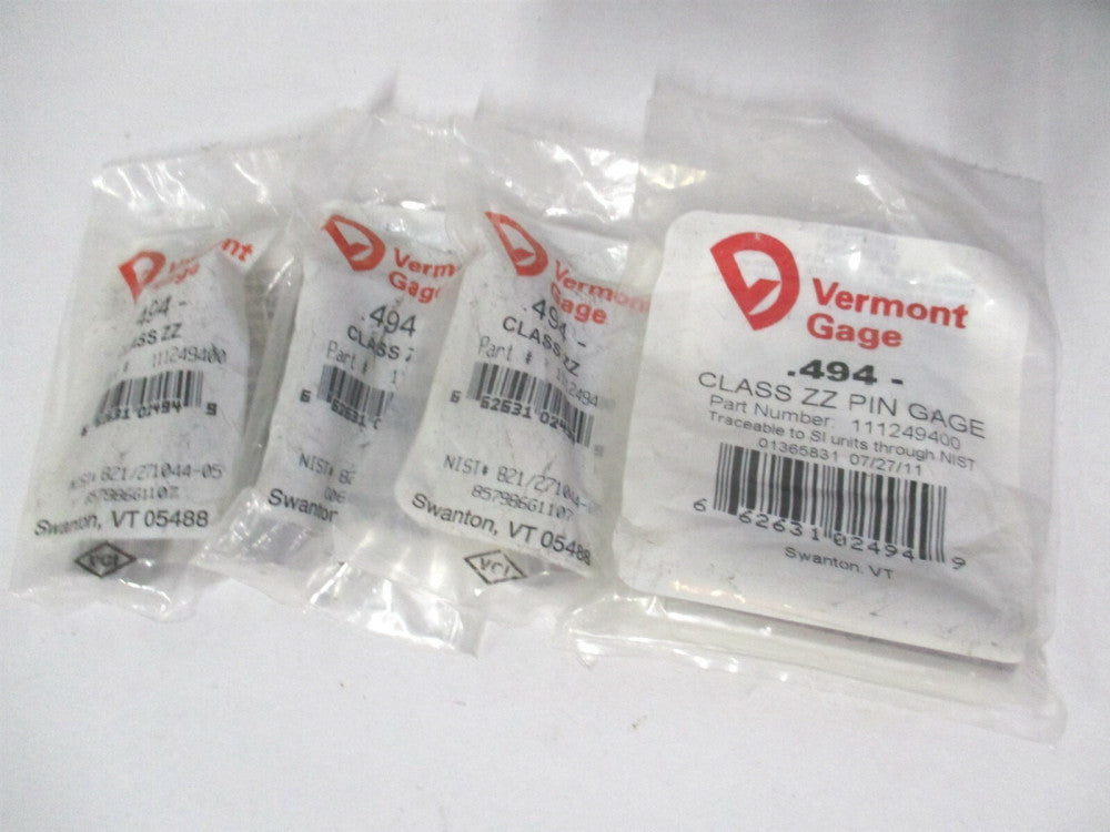 Vermont Gage (111249400) 0.494" Diam Class ZZ Minus Plug & Pin Gage - Lot of 4