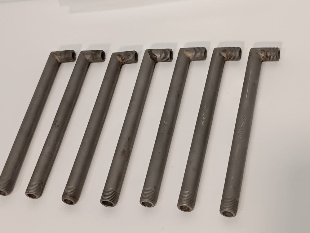 Lot of 7 Unbranded L-Shaped Steel Pipe Nipples, 5" Length, Threaded On Both Ends