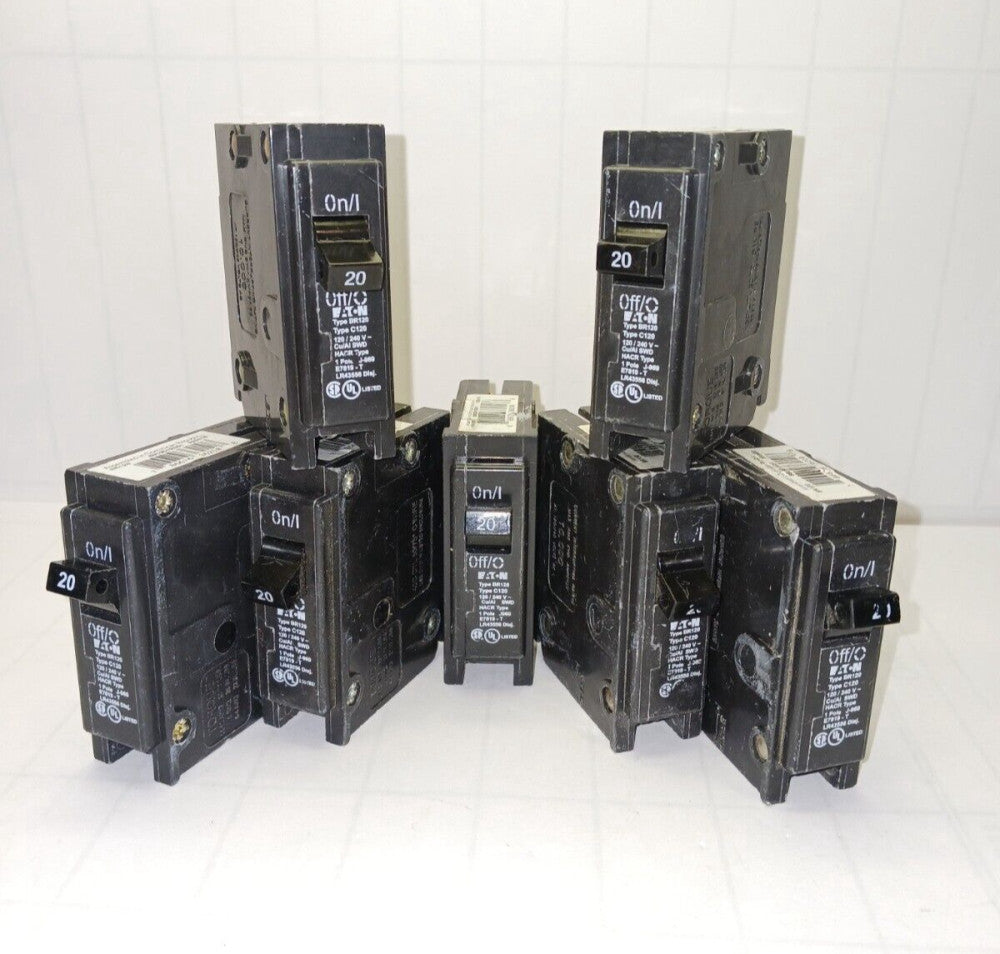 7) EATON 20 AMP CIRCUIT BREAKER PLUG IN 120/240 VAC BR120/C120  LOT OF 7