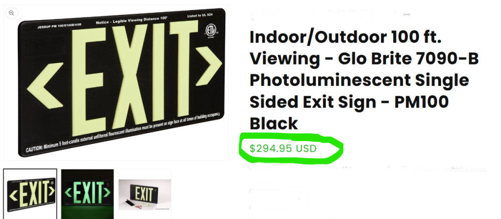 Jessup 7090-B Glo Brite Photoluminescent Single Sided Exit Sign 100 ft. Vis[C5B2