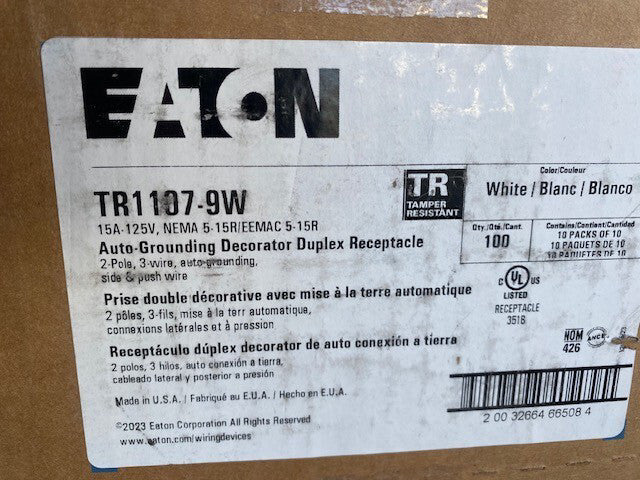(100 PACK) Eaton TR1107-9W Duplex Receptacle, #14-10 AWG,15A, Flush, 125V, White