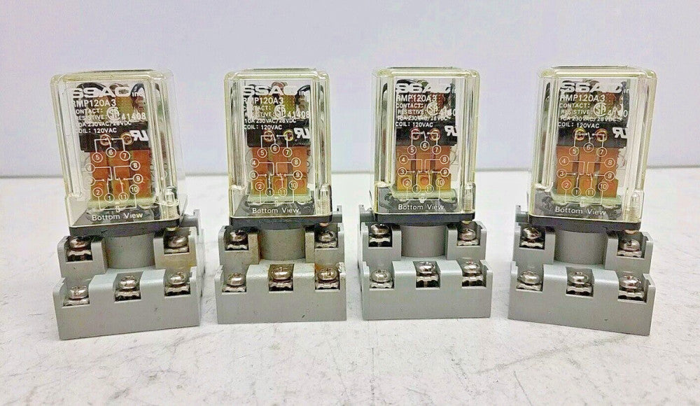 4 Pack SSAC RMP120A3 Relay 120 Vac Coil 11 Pin With Idec SR3P-05 Base 10A 300V