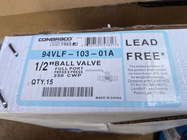 (15 Pack) Conbraco Ball Valve With Handle Press Full Port 94VLF10301A Brass 1/2"