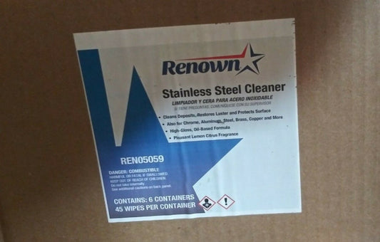 (1 CASE OF 6  CONTAINERS) Renown Pre-Moistened Stainless Steel Cleaning Wipes