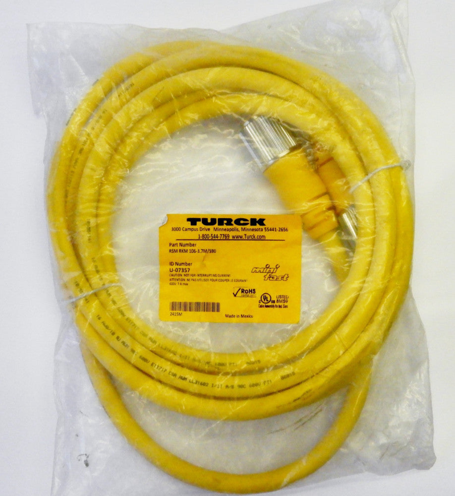 Turck RSM RKM 106-3.7M/S90 U-07357 Yellow Cordset Cable, Male/Female, Straight