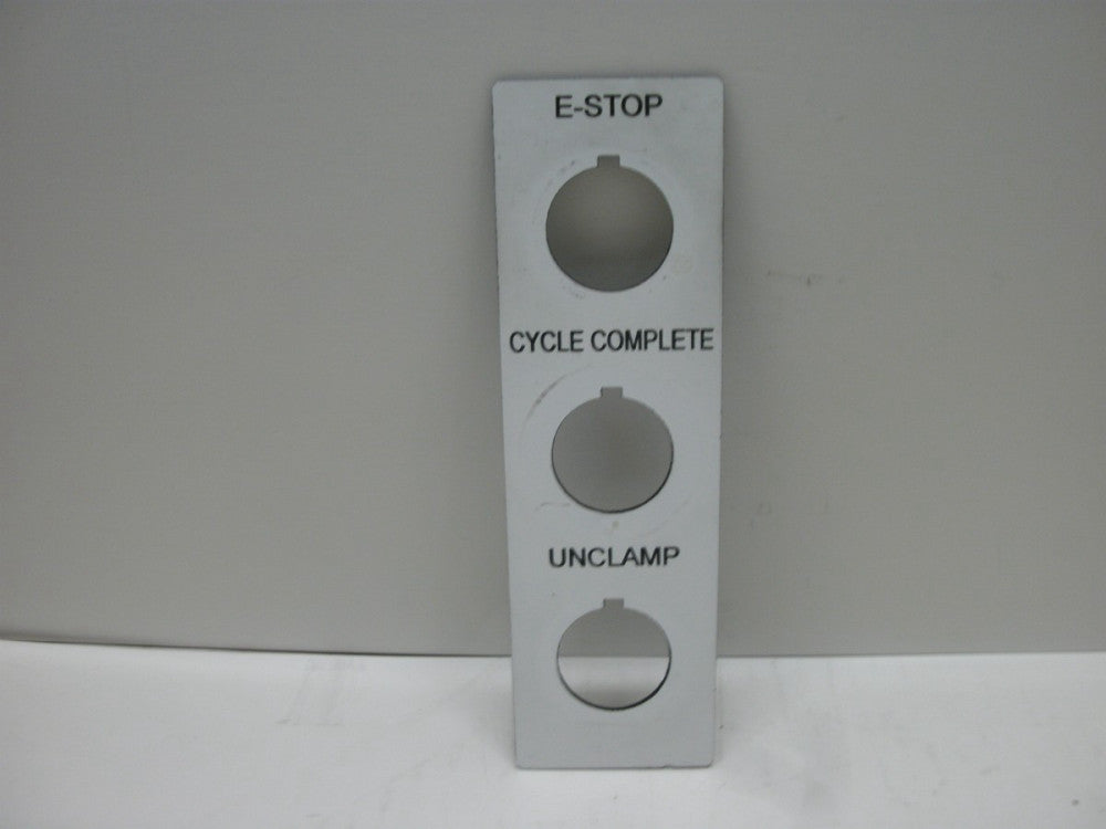 LEGEND PLATE 3-HOLES(E-STOP / CYCLE COMPLETE / UNCLAMP) 30mm HOLE PLASTIC