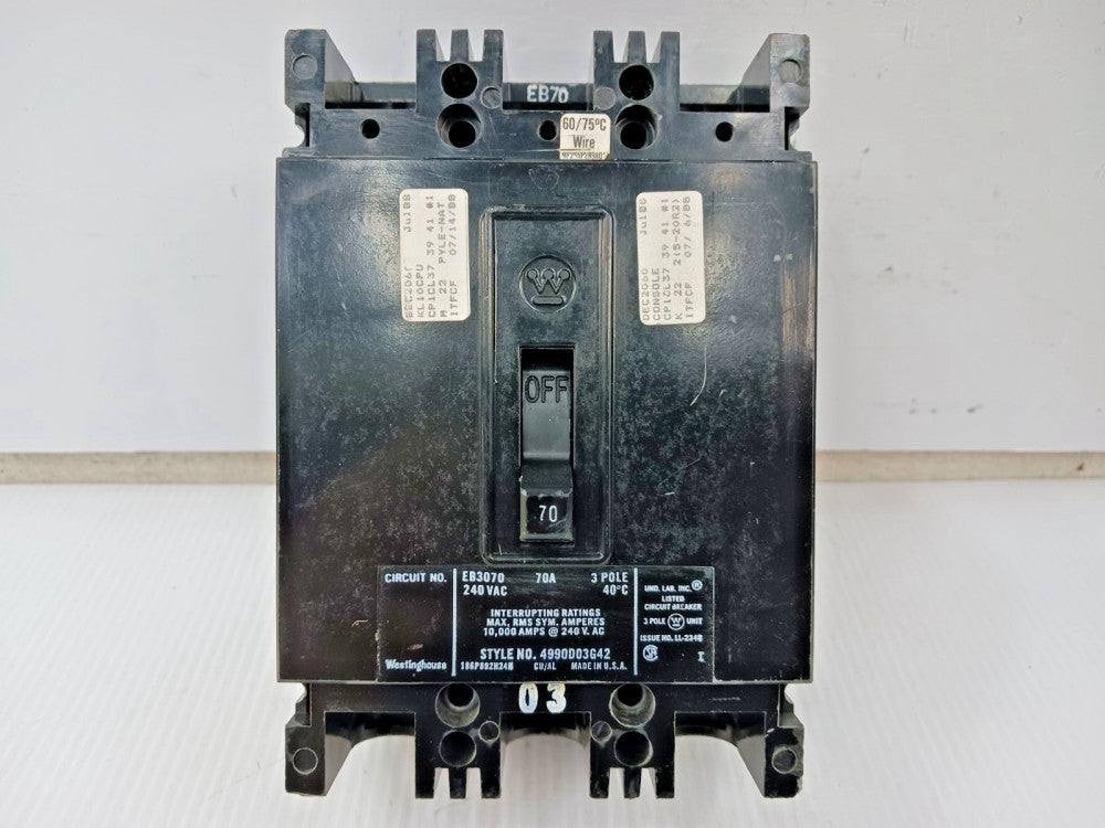 Westinghouse 70 Amp Circuit Breaker 3 Pole 240 VAC 10kA EB3070