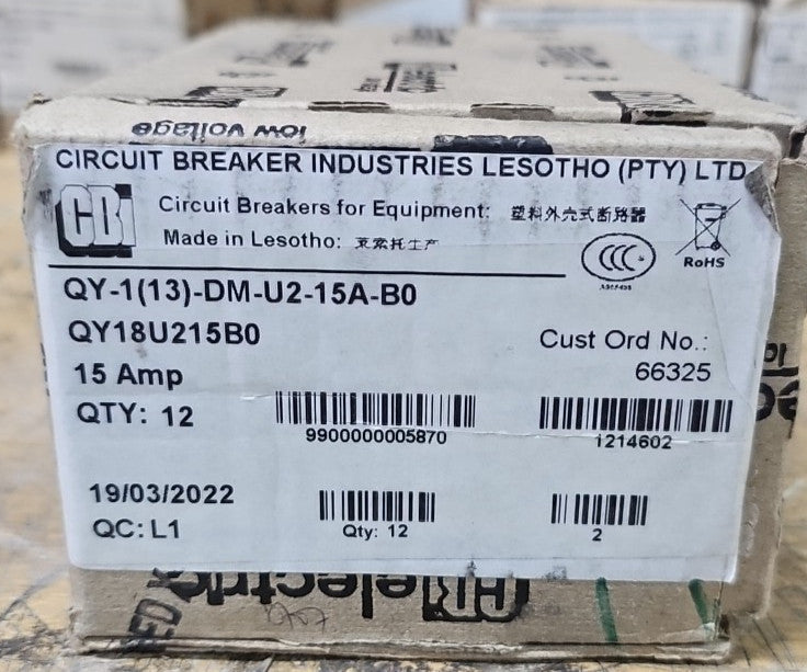 1) Box of 12 CBI QY18U215B0 Circuit Breaker 1P 15A 80 VDC