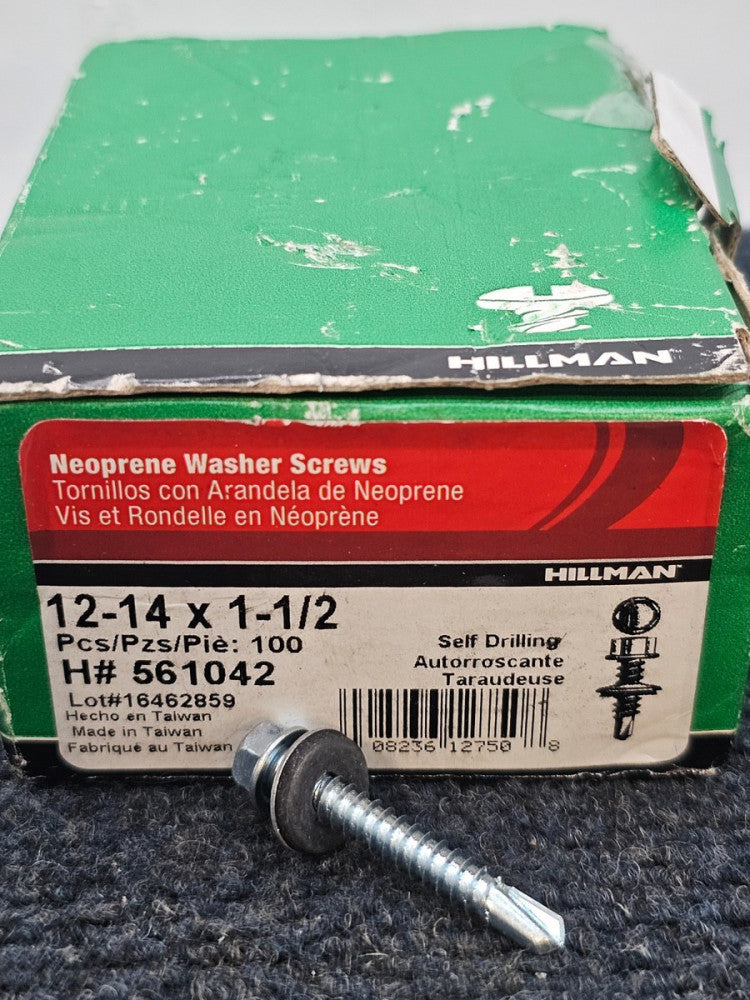 (QTY 100) Hillman 561042: Steel Hex Neoprene Washer Head Metal Screw 12-14x1-1/2