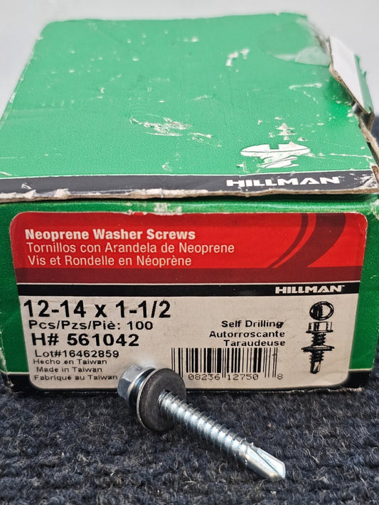 (QTY 100) Hillman 561042: Steel Hex Neoprene Washer Head Metal Screw 12-14x1-1/2
