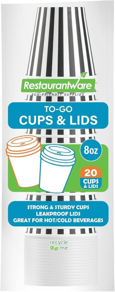 20 Hot Cups With Lids - Sleeves Sold Separately, Single Wall, Black And White