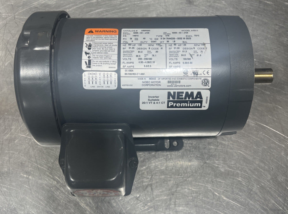 US MOTORS U32P2DC MOTOR 1-1/2HP 1755RPM 3PH BORE: 7/8IN Nos Surplus No Box