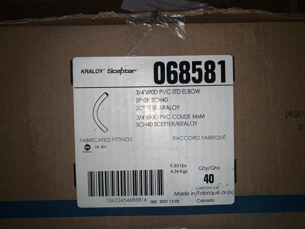 NEW Kraloy Scepter 3/4”x90D PVC STD Elbow SPxSP SCH40, 068581 (40 PC LOT)