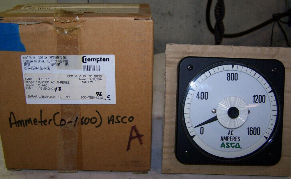 NEW ASCO CROMPTON BLS-77 0-1600 AC AMPERES PANEL METER  491942-013