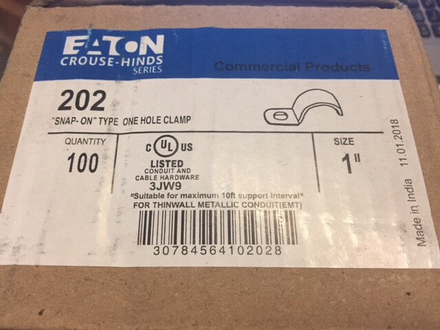 (Box of 100) Eaton Crouse-Hinds 202 Heavy-Gauge Steel 1-Hole Snap-On Clamp, 1 IN