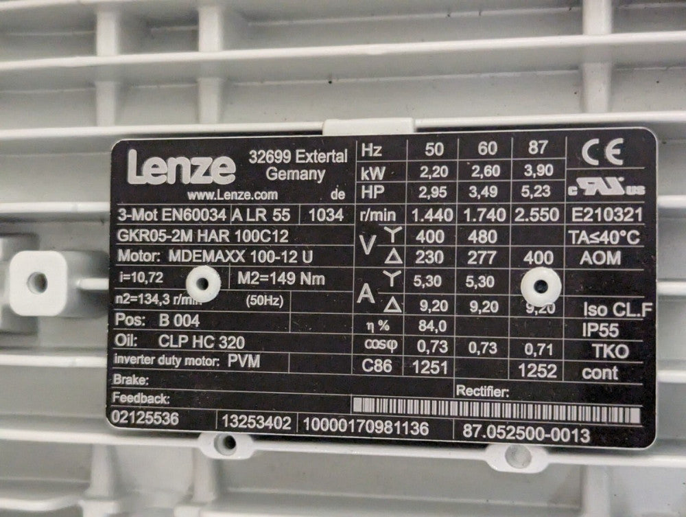 Lenze GKR05-2M HAR 100C12 3-Phase AC Motor EN60034 MDEMAXX 100-12U - Free Ship