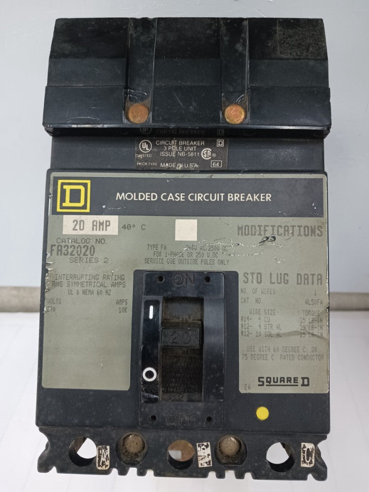SQUARE D 20 AMP MOLDED CASE CIRCUIT BREAKER 3 POLE 240 VAC FA32020