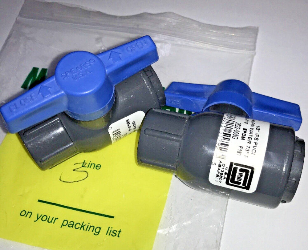 Lot of 2 Spears 2622-005G Utility Ball Valve, 1/2 in., Socket End Style PVC Body