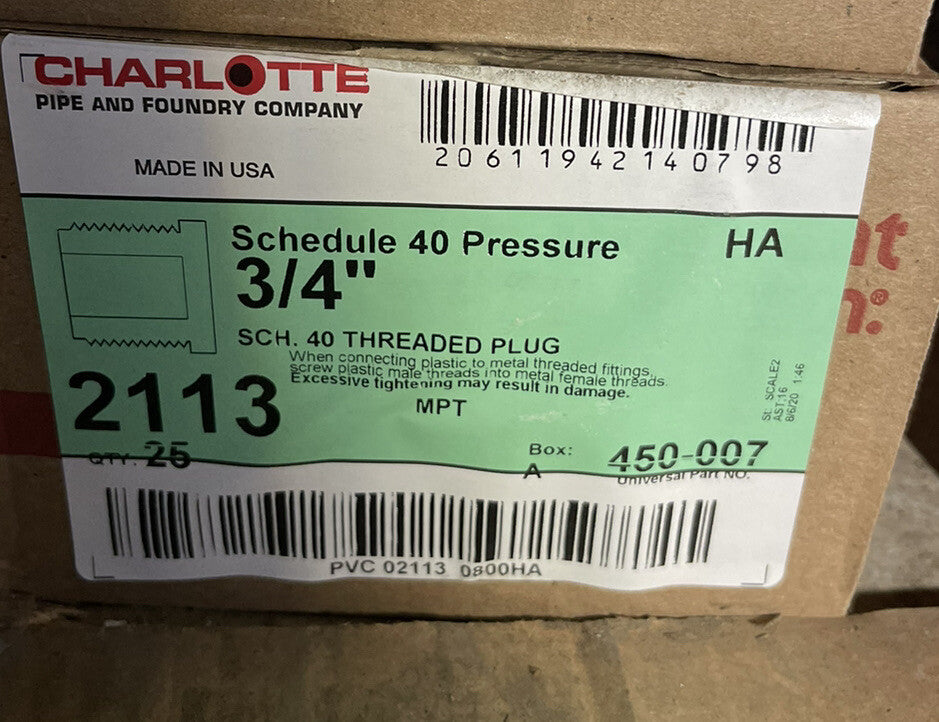 CHARLOTTE SCHEDULE 40 PRESSURE 3/4" THREADED PLUG, 2113, 450-007, (25 PC LOT)