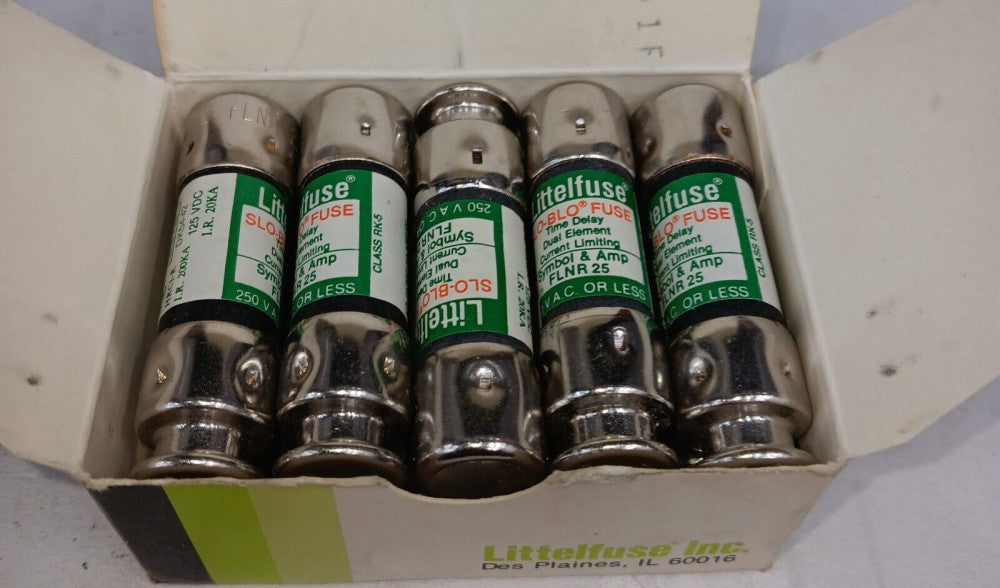 BOX OF 10) NEW LITTELFUSE 25 AMP SLO-BLO CLASS RK5 FUSE 250 VAC FLNR25