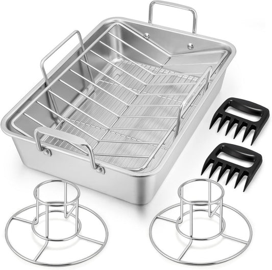 16" Roasting Pan with Rack, 7 PCS P&P CHEF Stainless Steel Roaster Silver 