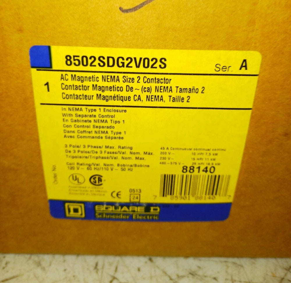 NEW SQUARE D SIZE 2 ENCLOSED MOTOR CONTACTOR 8502SDG2V02S COIL 120V 8502SDG2S