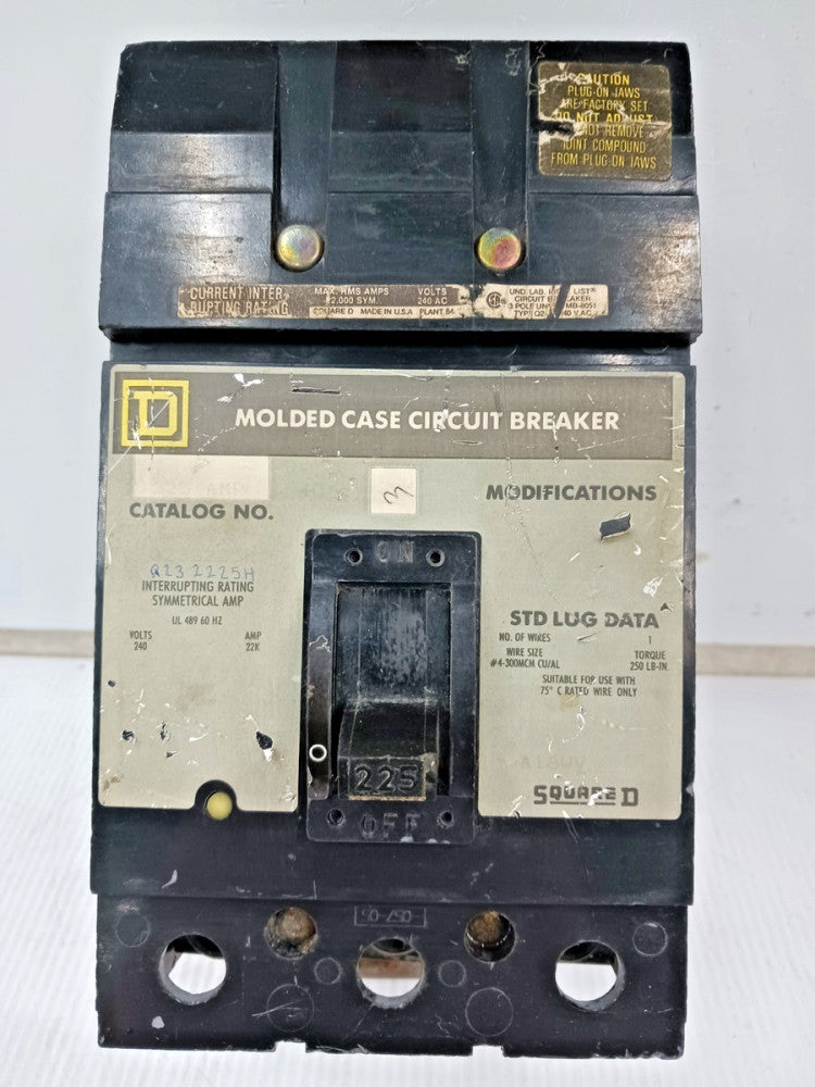 Square D 225 Amp Molded Case Circuit Breaker 3 Pole 240 VAC Q232225H