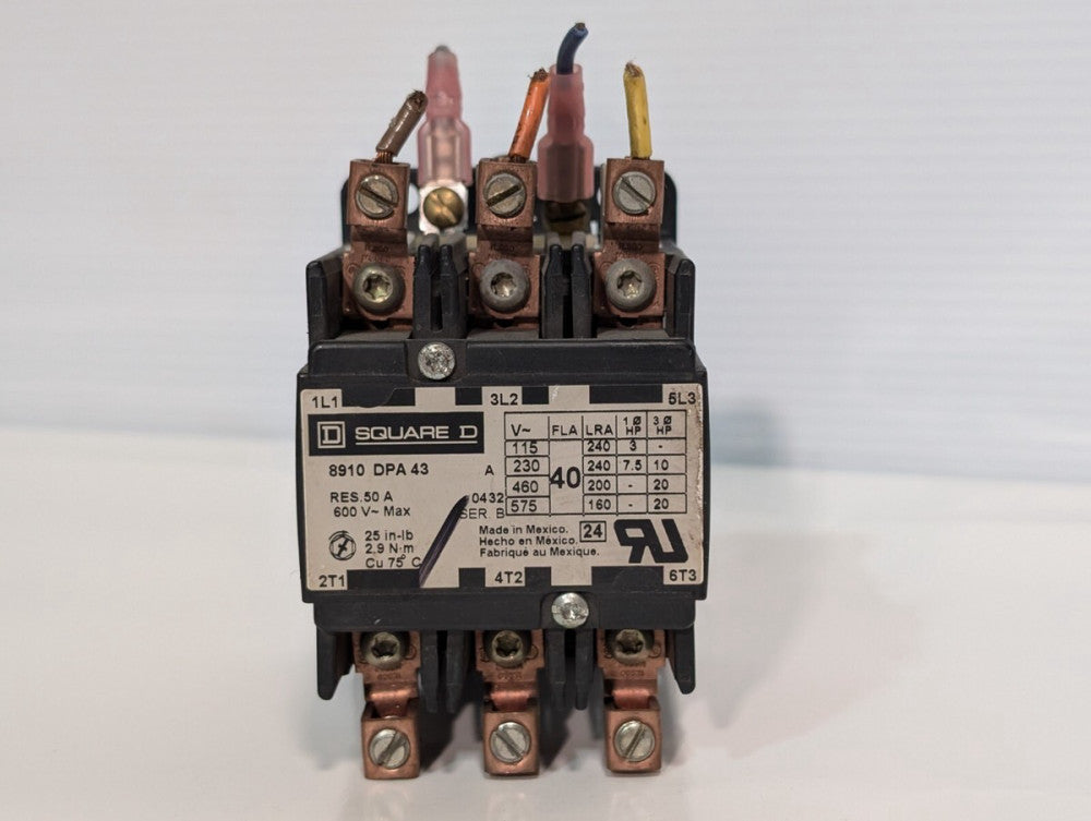 Square D 8910DPA43 Definite Purpose Contactor 50A Res, 40A, 3 Pole, Box Lug Term