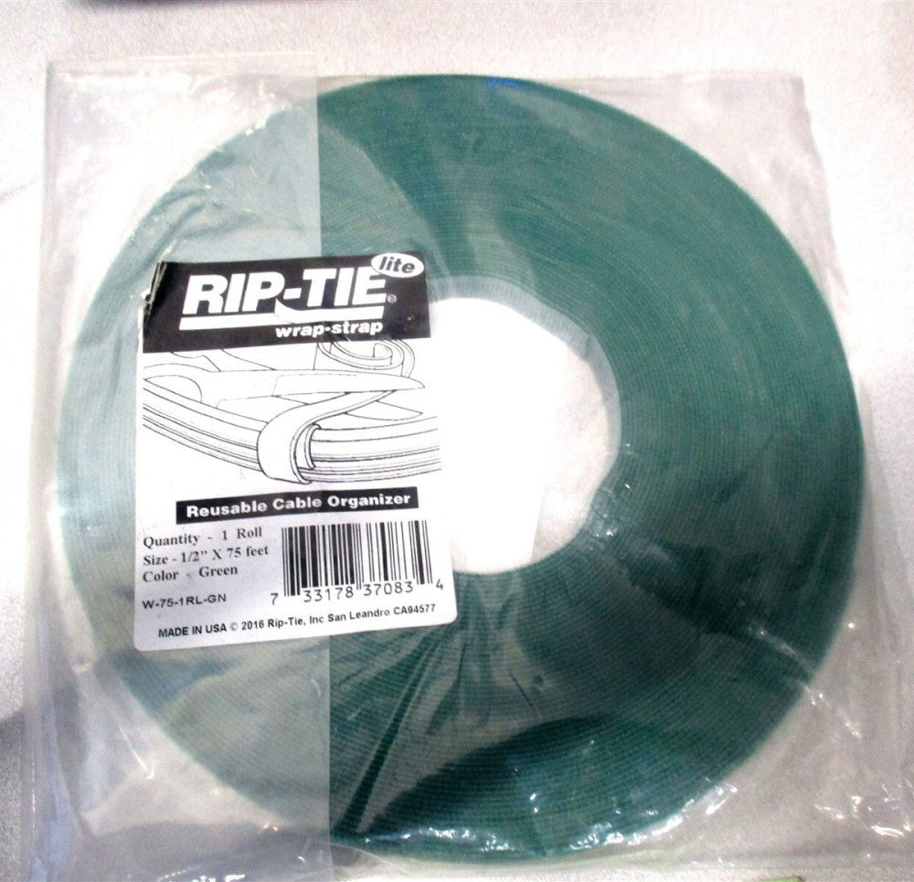 Rip-Tie (W-75-1RL-GN) 1/2" x 75' Green Nylon Wrap Hook-and-Loop Cable Tie Roll