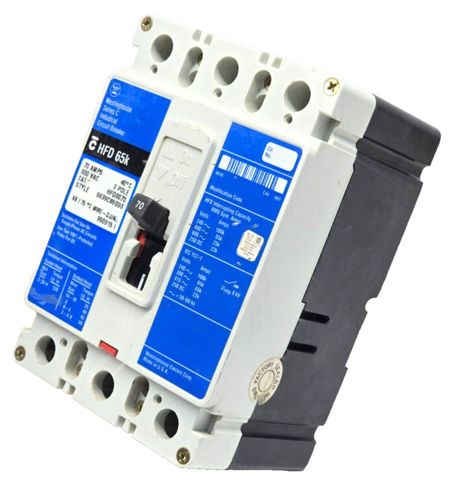 Westinghouse Cutler Hammer 70 Amp Circuit Breaker 600 VAC 3 Pole 100kA  HFD3070